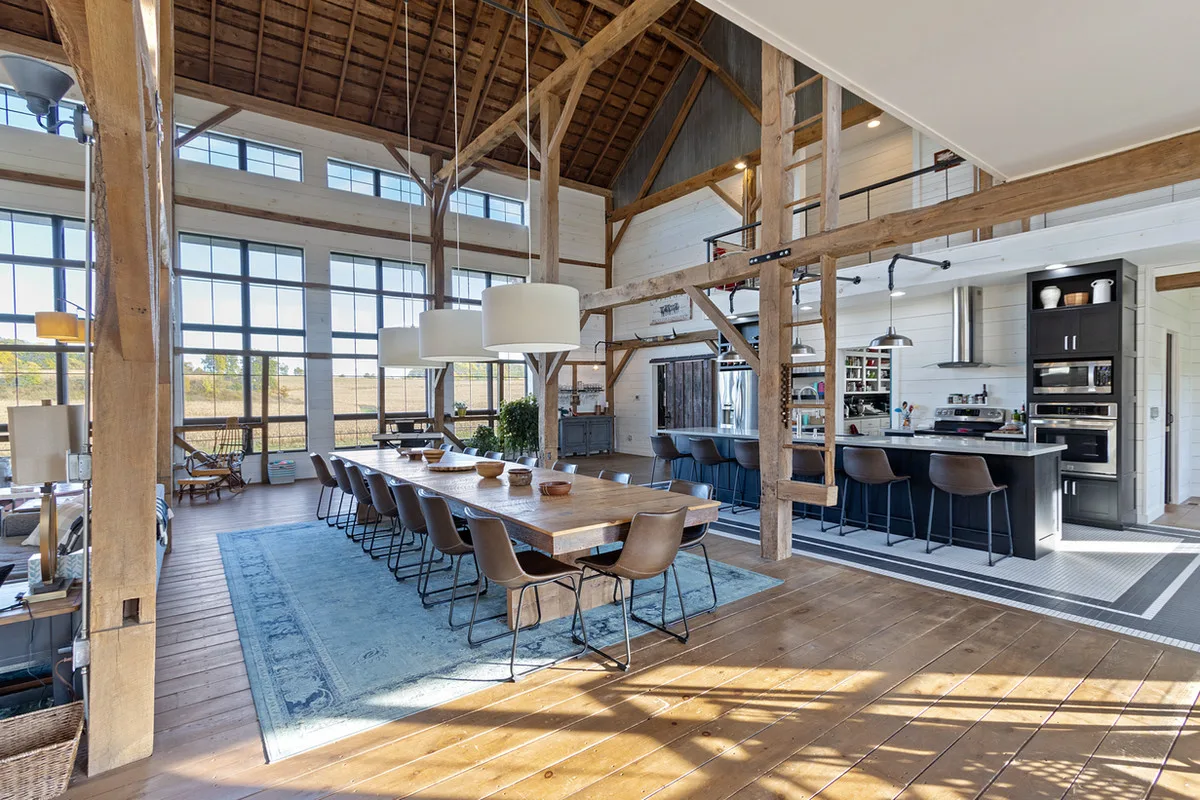 Inside the Pelton barn — dining and kitchen